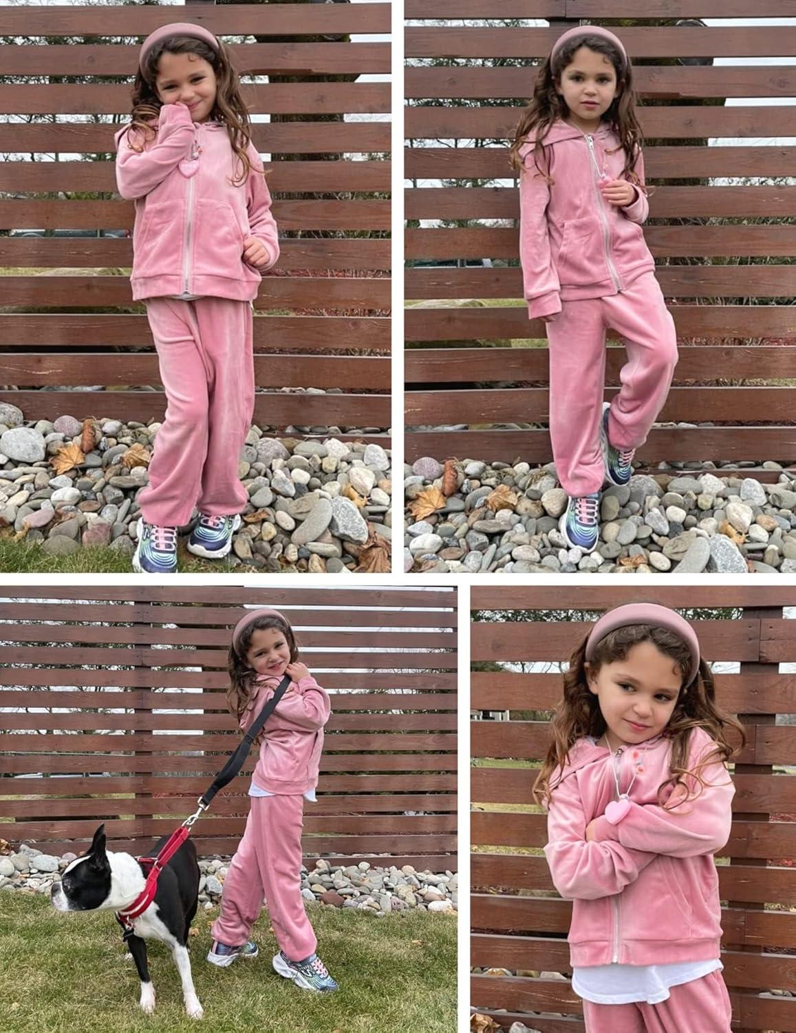 imageArshiner 2 Piece Outfits for Girls Velour Tracksuit Hoodie and Jogger Set Sweatsuit Athletic Clothes SetsApink