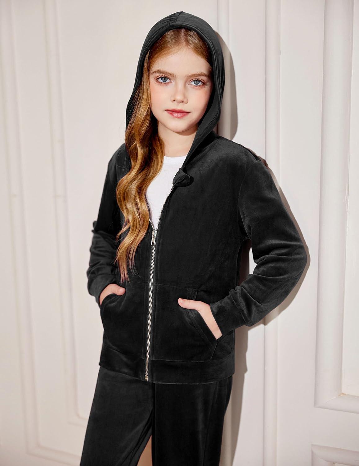 imageArshiner 2 Piece Outfits for Girls Velour Tracksuit Hoodie and Jogger Set Sweatsuit Athletic Clothes SetsBlack