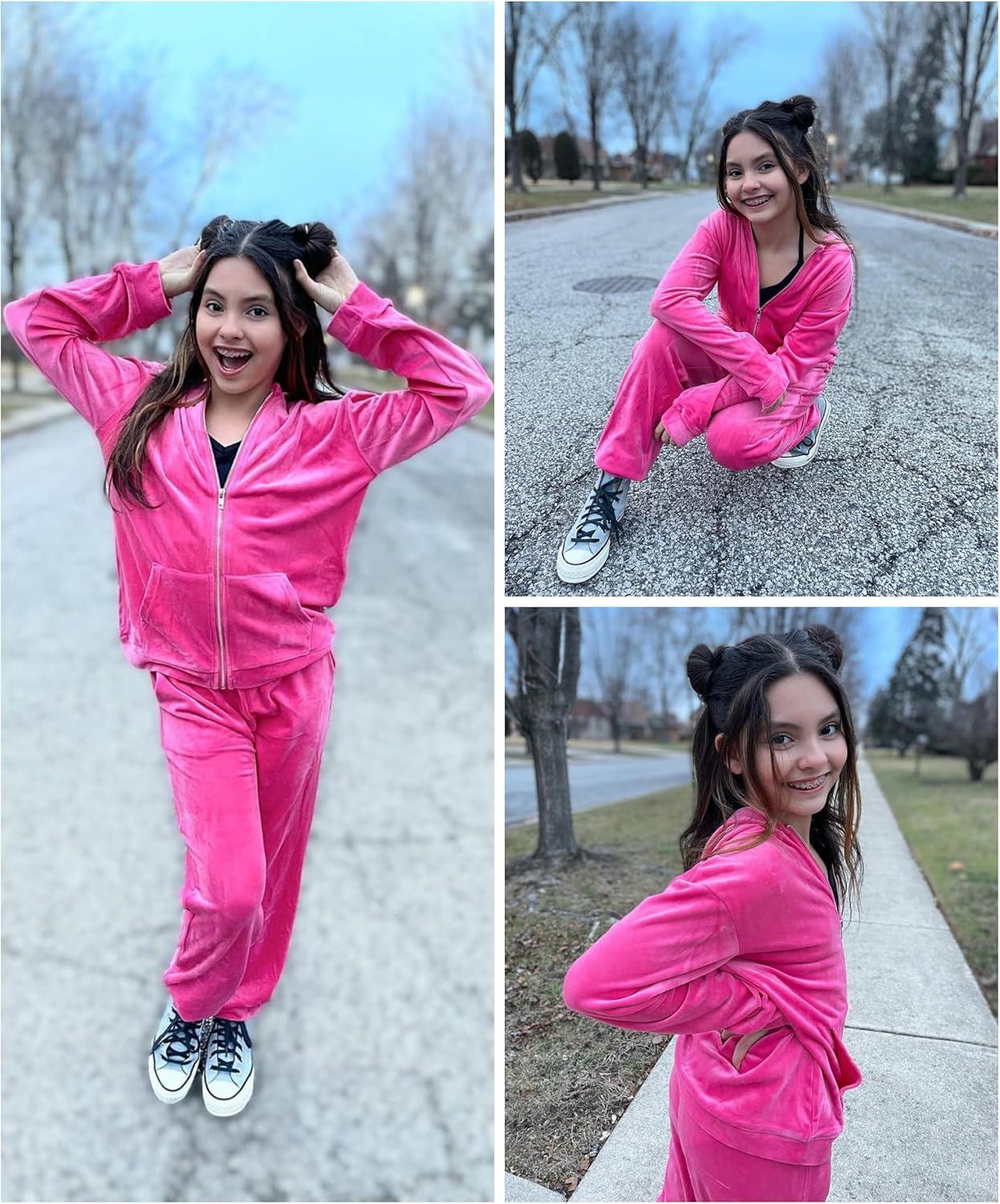 imageArshiner 2 Piece Outfits for Girls Velour Tracksuit Hoodie and Jogger Set Sweatsuit Athletic Clothes SetsCoral