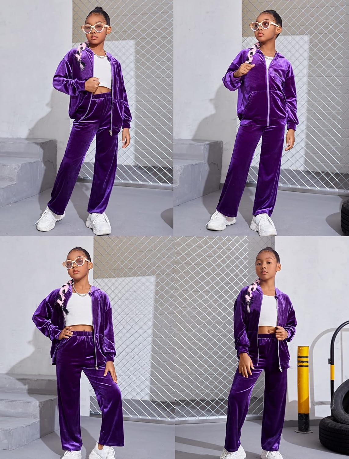 imageArshiner 2 Piece Outfits for Girls Velour Tracksuit Hoodie and Jogger Set Sweatsuit Athletic Clothes SetsDark Purple