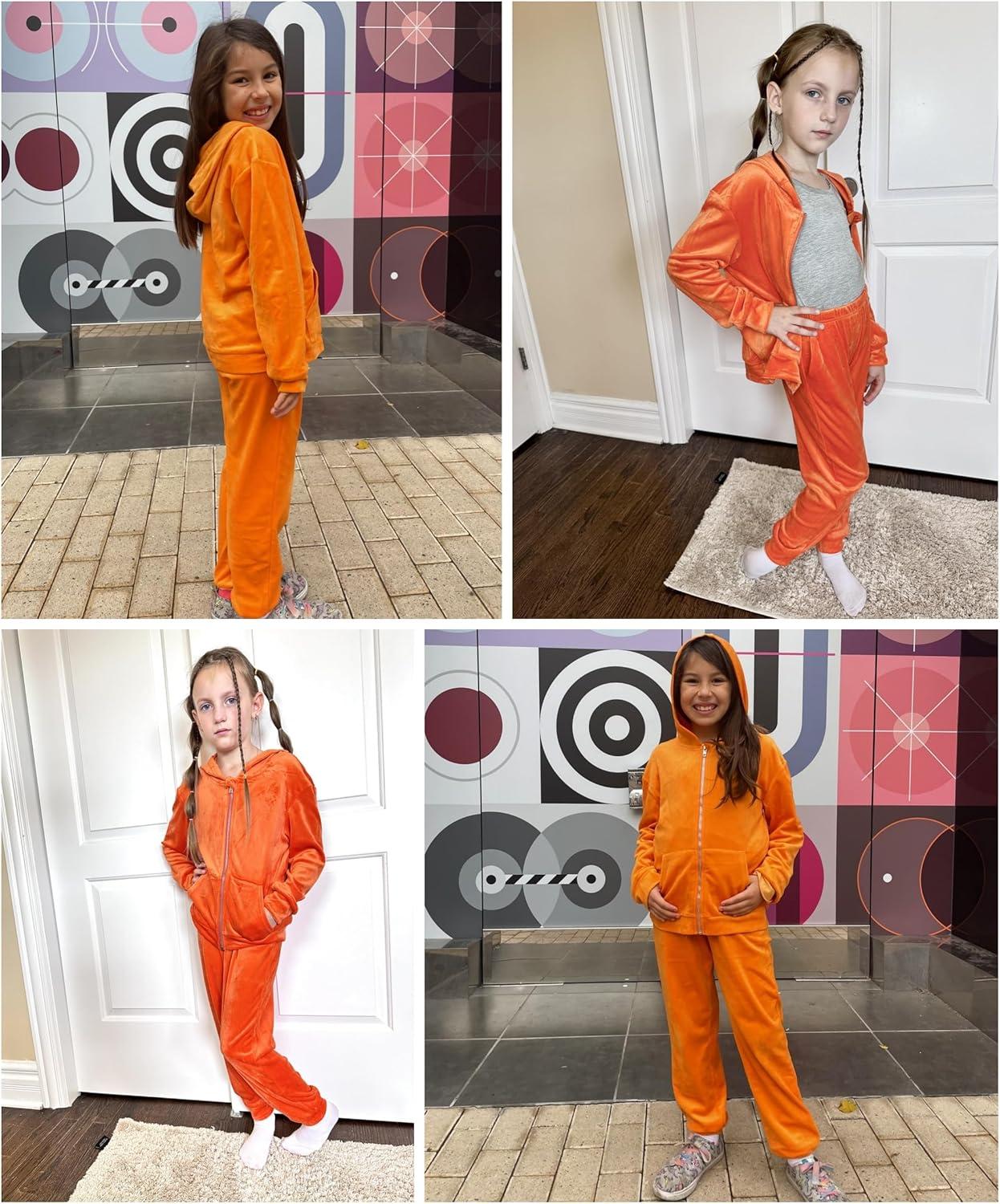 imageArshiner 2 Piece Outfits for Girls Velour Tracksuit Hoodie and Jogger Set Sweatsuit Athletic Clothes SetsOrange