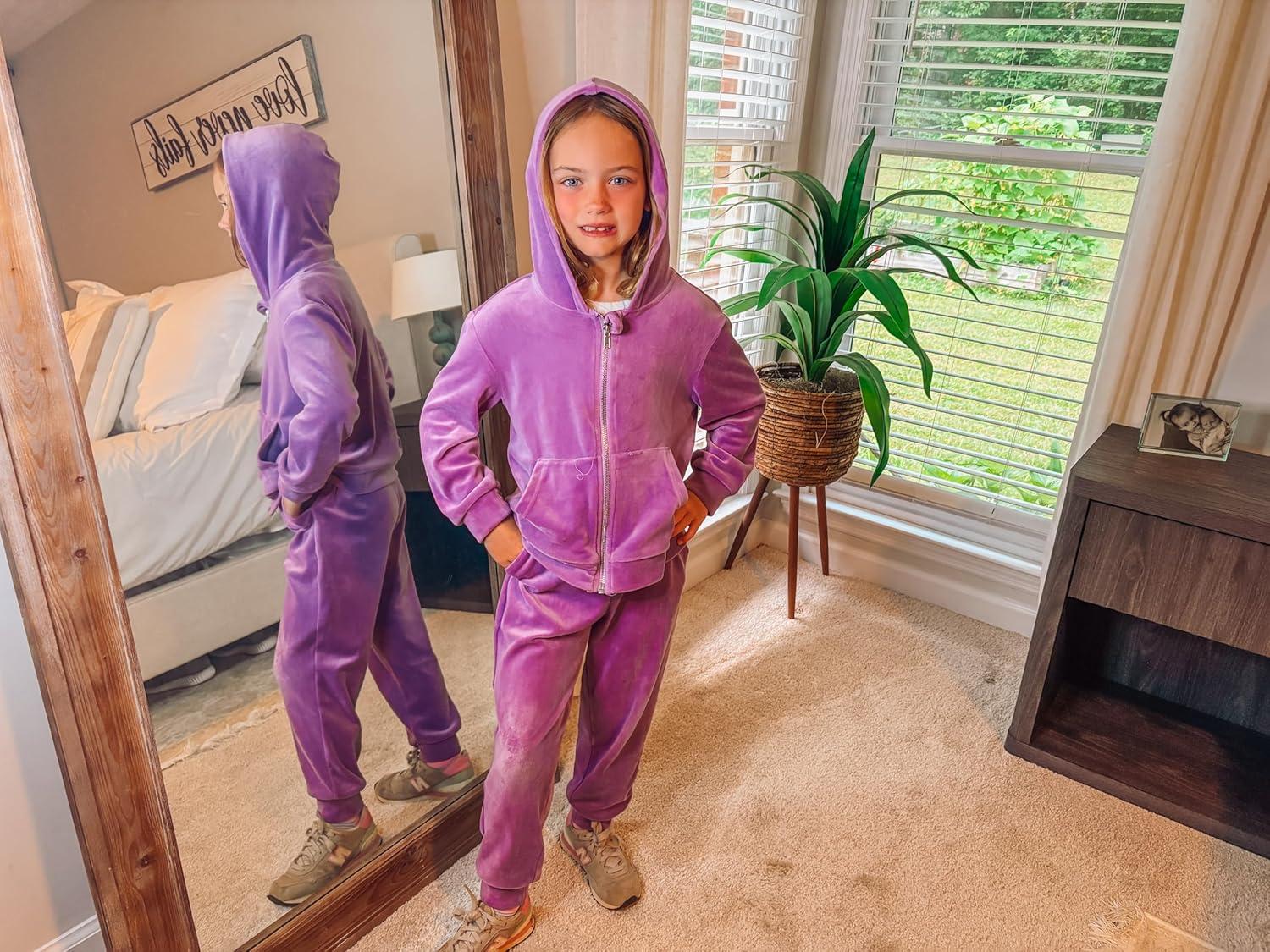 imageArshiner 2 Piece Outfits for Girls Velour Tracksuit Hoodie and Jogger Set Sweatsuit Athletic Clothes SetsPurple