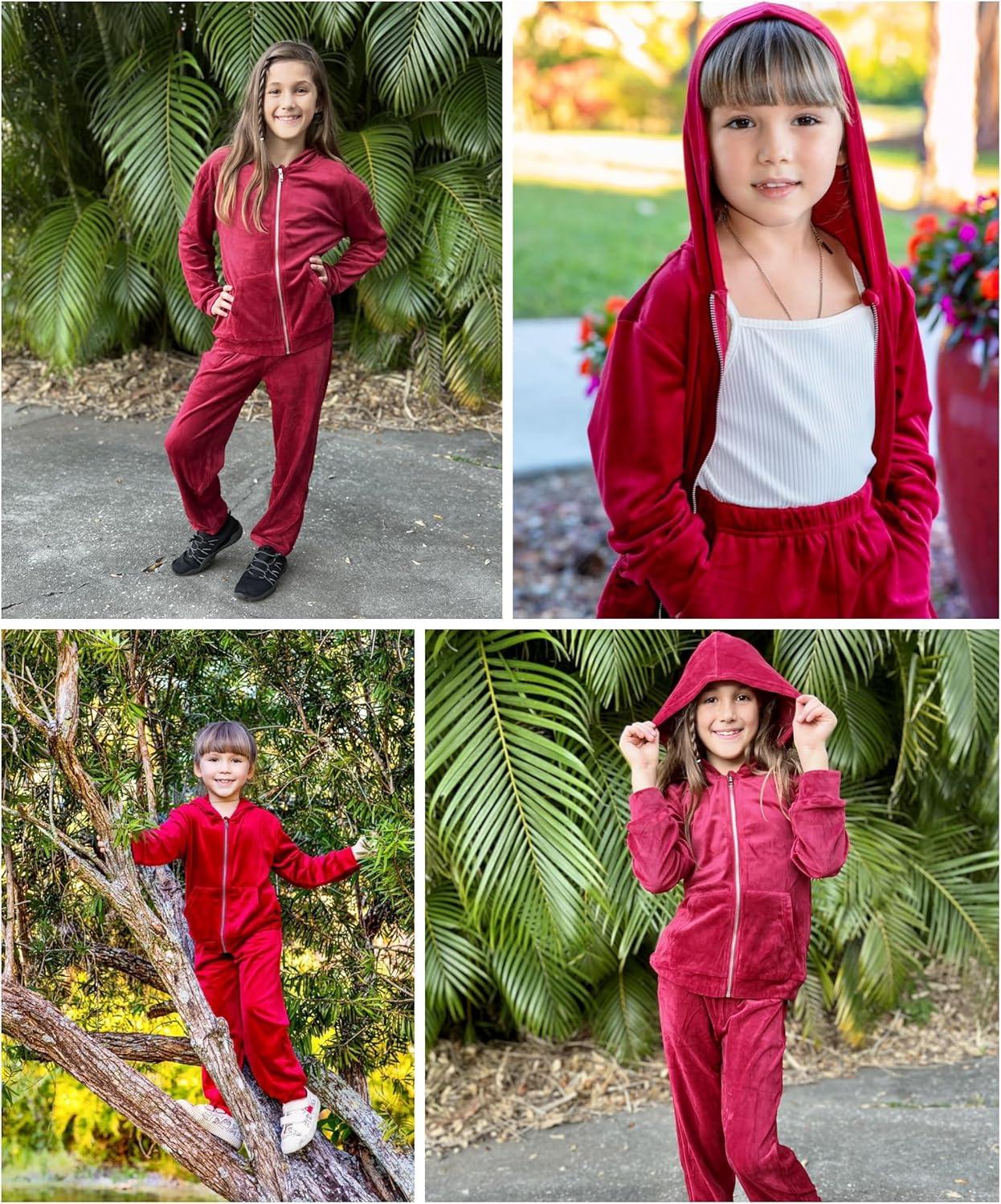imageArshiner 2 Piece Outfits for Girls Velour Tracksuit Hoodie and Jogger Set Sweatsuit Athletic Clothes SetsWine Red