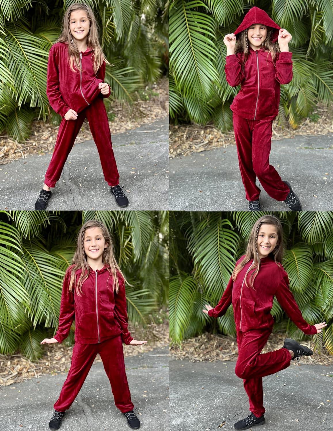 imageArshiner 2 Piece Outfits for Girls Velour Tracksuit Hoodie and Jogger Set Sweatsuit Athletic Clothes SetsWine Red