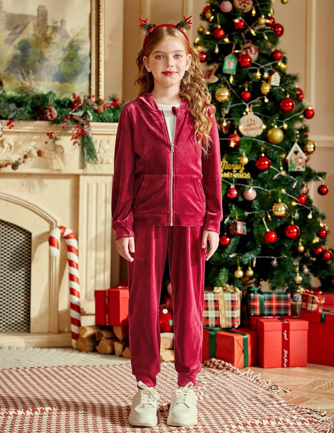 imageArshiner 2 Piece Outfits for Girls Velour Tracksuit Hoodie and Jogger Set Sweatsuit Athletic Clothes SetsWine Red