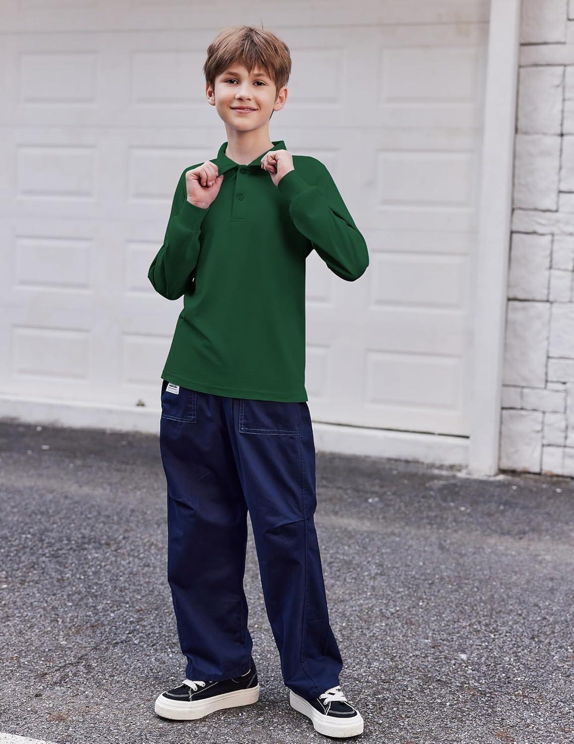 imageArshiner Boys Long Sleeve Polo Shirt Performance School Uniform Pique Button Closure Shirt Size 512 YearsBright Green