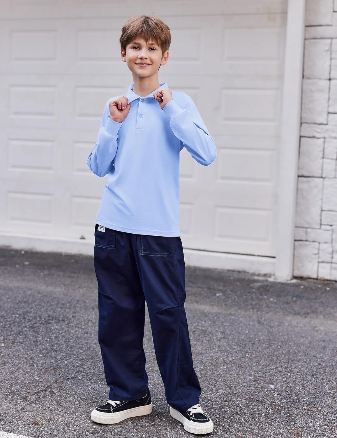 imageArshiner Boys Long Sleeve Polo Shirt Performance School Uniform Pique Button Closure Shirt Size 512 YearsLight Blue
