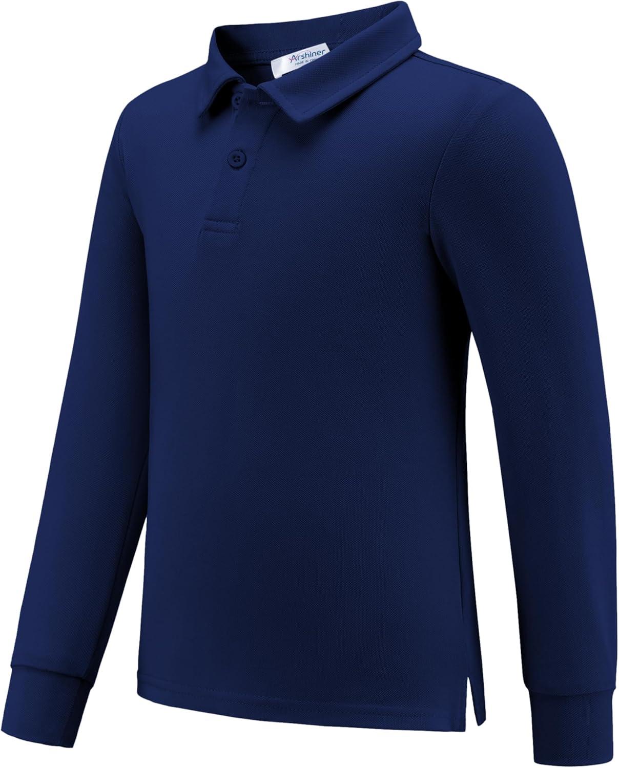imageArshiner Boys Long Sleeve Polo Shirt Performance School Uniform Pique Button Closure Shirt Size 512 YearsNavy Blue