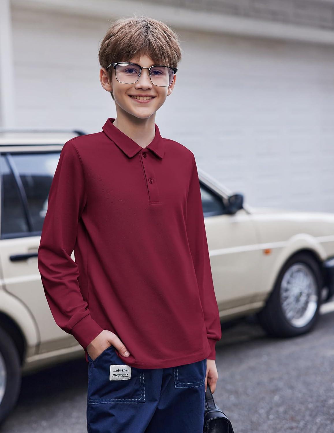 imageArshiner Boys Long Sleeve Polo Shirt Performance School Uniform Pique Button Closure Shirt Size 512 YearsRed