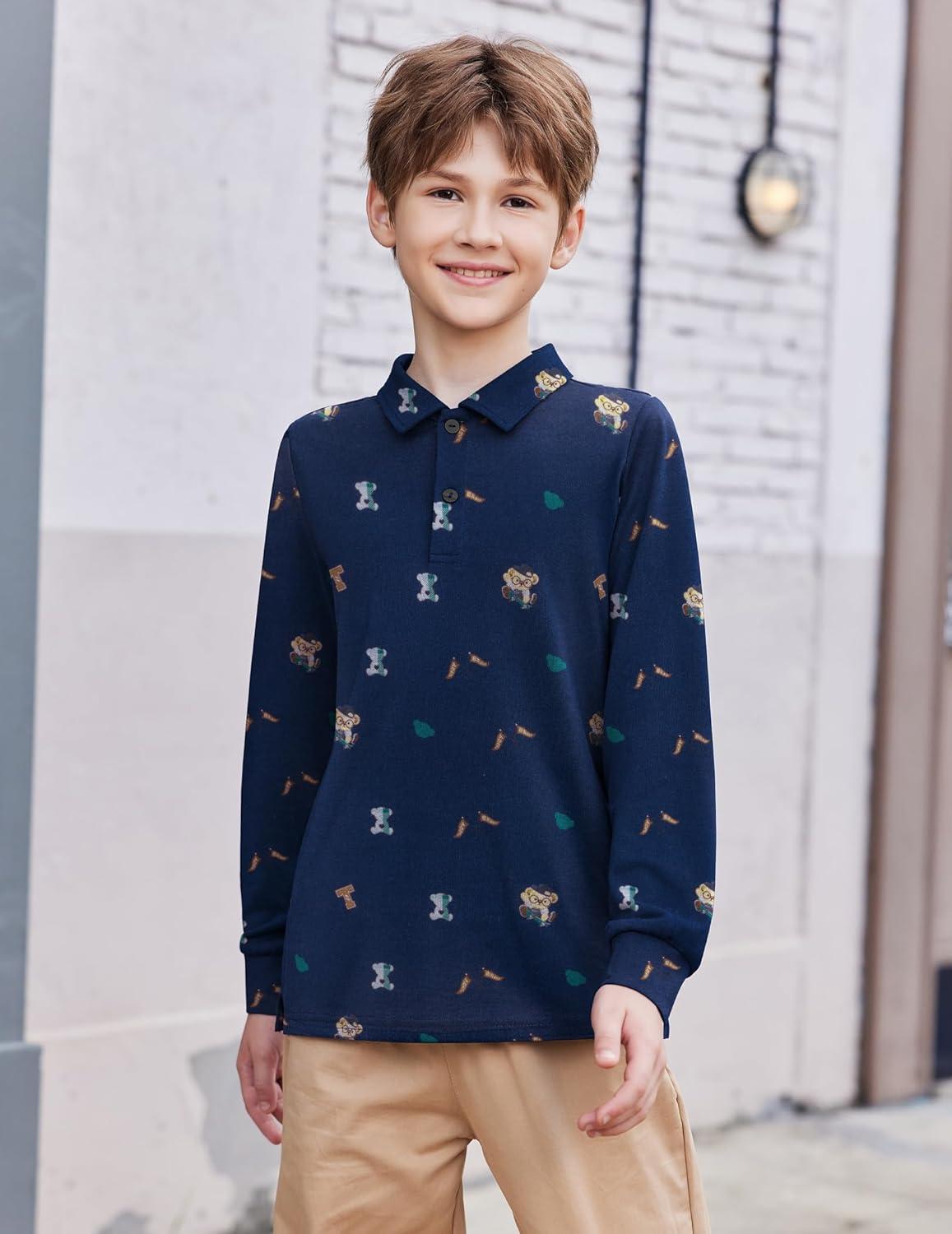 imageArshiner Boys Long Sleeve Polo Shirt Performance School Uniform Pique Button Closure Shirt Size 512 YearsTeddy Bear Navy Blue With Green Khaki