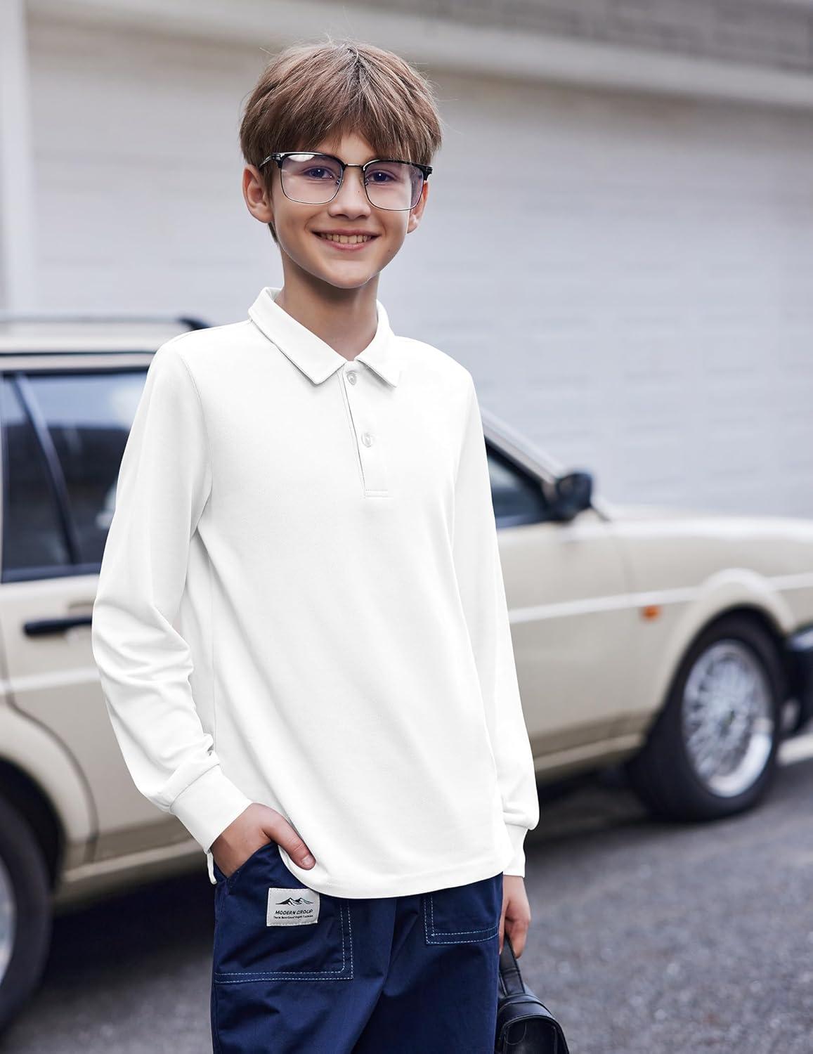 imageArshiner Boys Long Sleeve Polo Shirt Performance School Uniform Pique Button Closure Shirt Size 512 YearsWhite