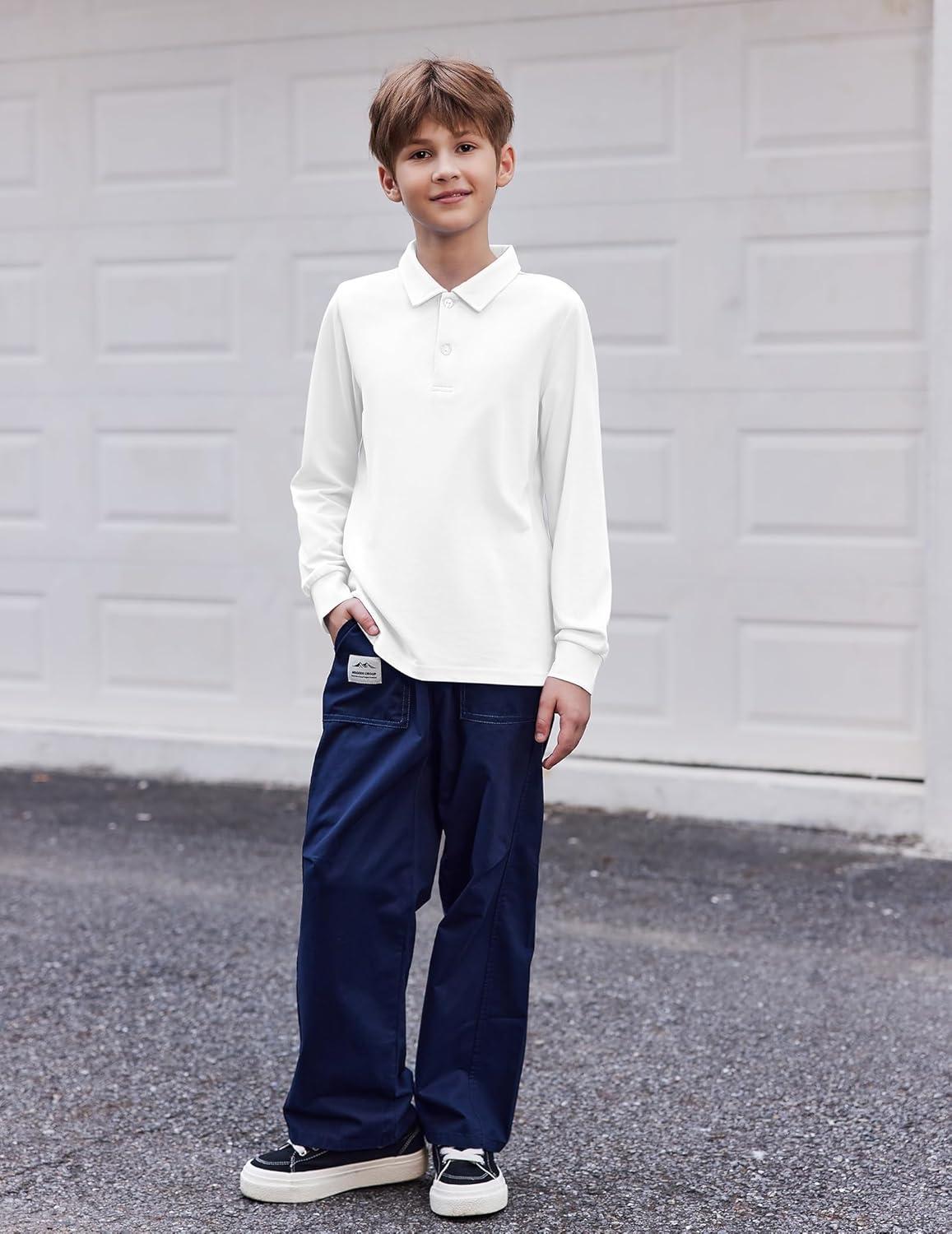 imageArshiner Boys Long Sleeve Polo Shirt Performance School Uniform Pique Button Closure Shirt Size 512 YearsWhite