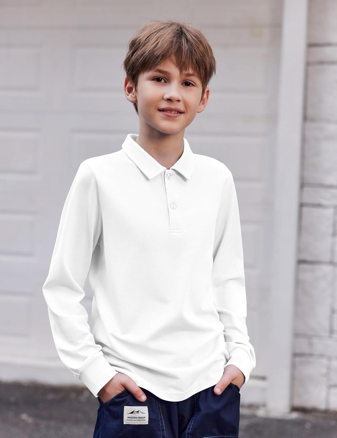 imageArshiner Boys Long Sleeve Polo Shirt Performance School Uniform Pique Button Closure Shirt Size 512 YearsWhite