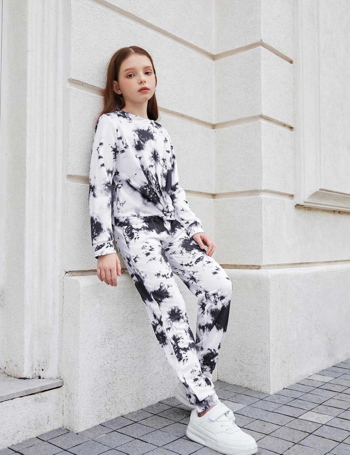 imageArshiner Girls 2 Piece Outfits Fashion Twist Front Tracksuit Long Sleeve Pullover Sweatshirt Sweatpants Jogger set SweatsuitBlack White