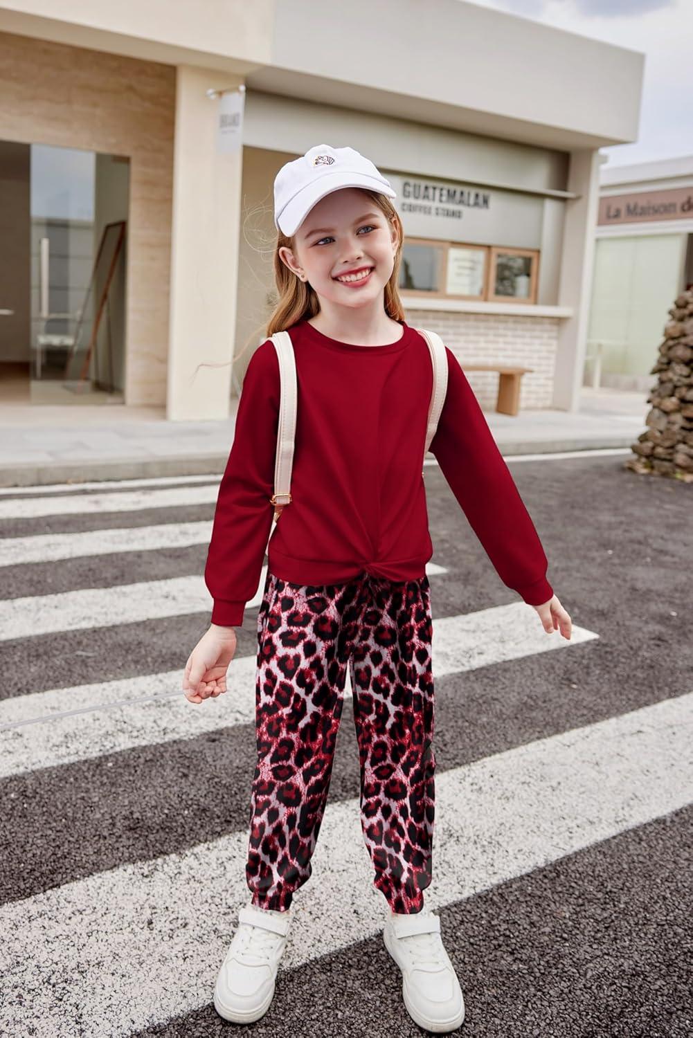 imageArshiner Girls 2 Piece Outfits Fashion Twist Front Tracksuit Long Sleeve Pullover Sweatshirt Sweatpants Jogger set SweatsuitDark Redleopard