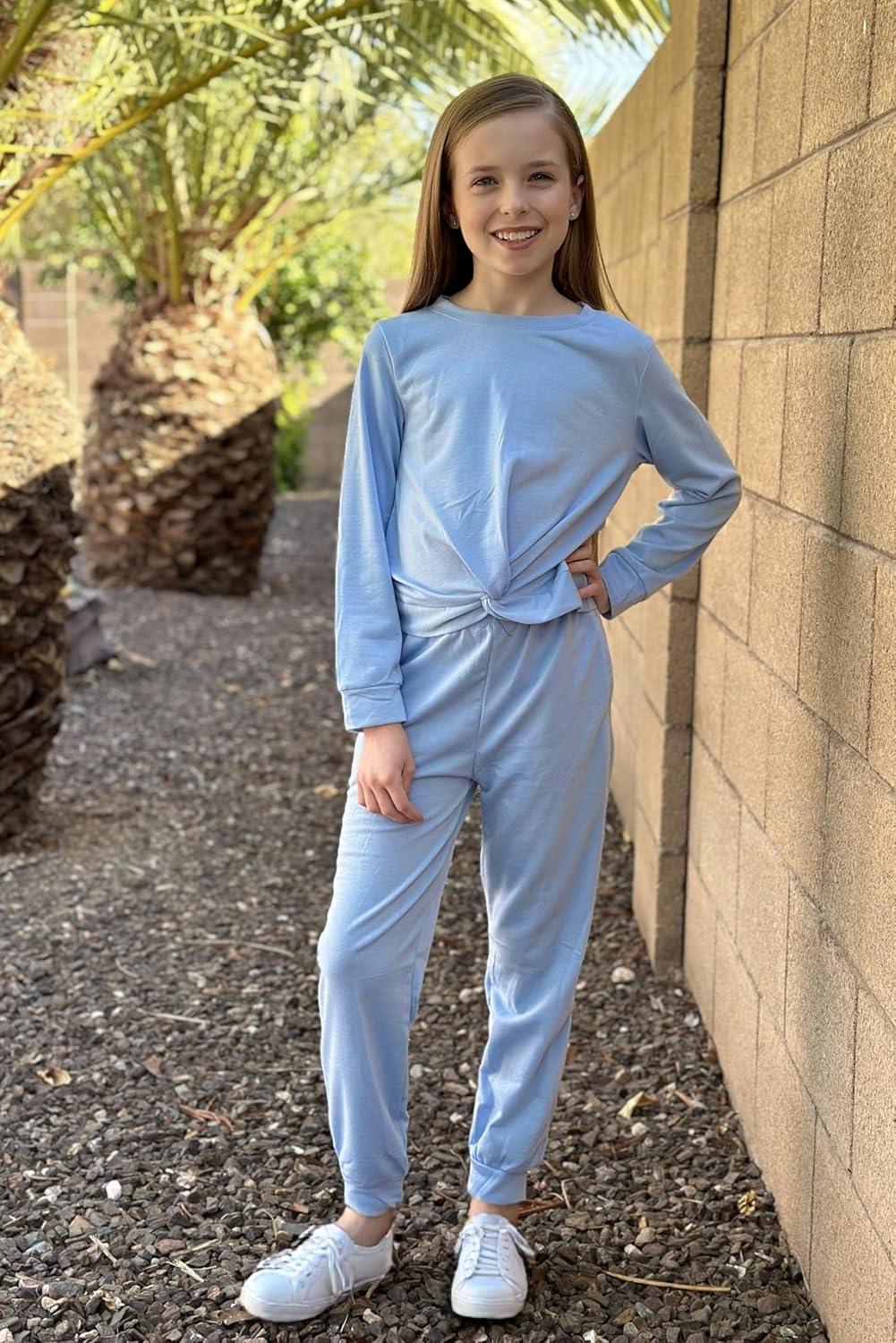 imageArshiner Girls 2 Piece Outfits Fashion Twist Front Tracksuit Long Sleeve Pullover Sweatshirt Sweatpants Jogger set SweatsuitLight Blue