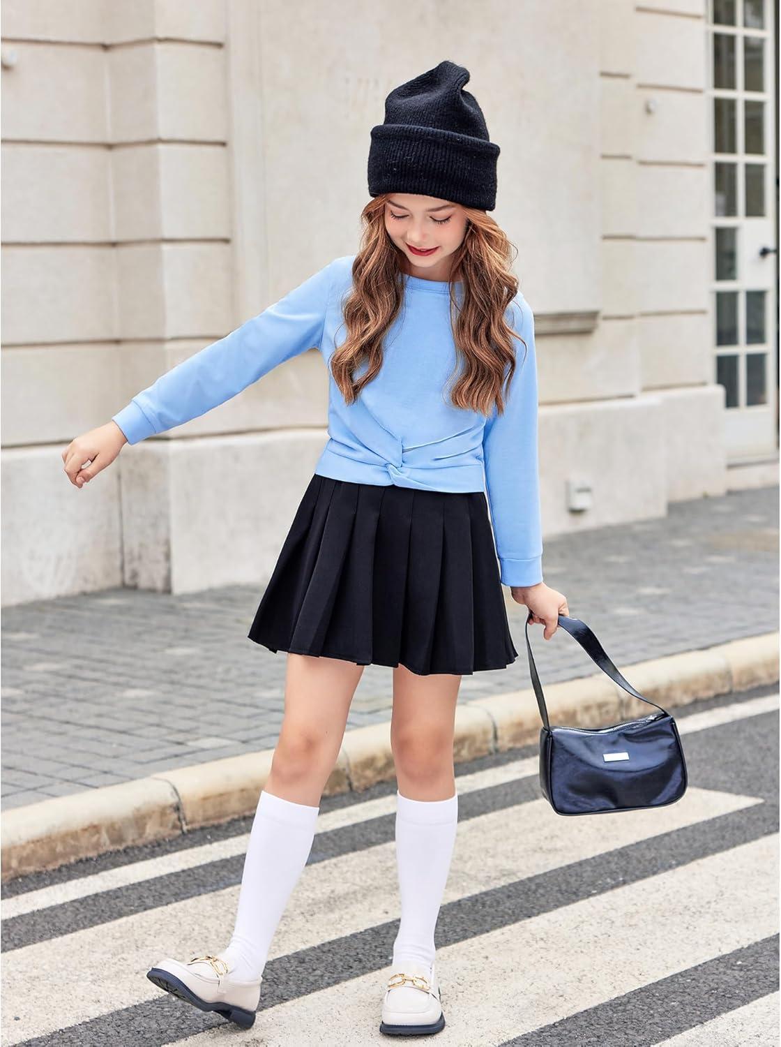 imageArshiner Girls 2 Piece Outfits Fashion Twist Front Tracksuit Long Sleeve Pullover Sweatshirt Sweatpants Jogger set SweatsuitLight Blue