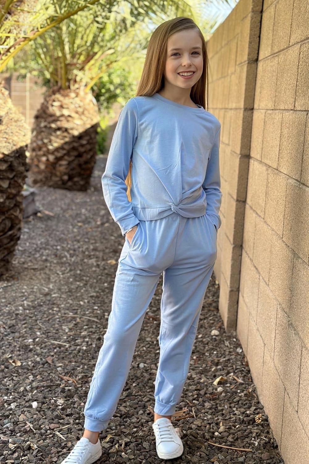 imageArshiner Girls 2 Piece Outfits Fashion Twist Front Tracksuit Long Sleeve Pullover Sweatshirt Sweatpants Jogger set SweatsuitLight Blue