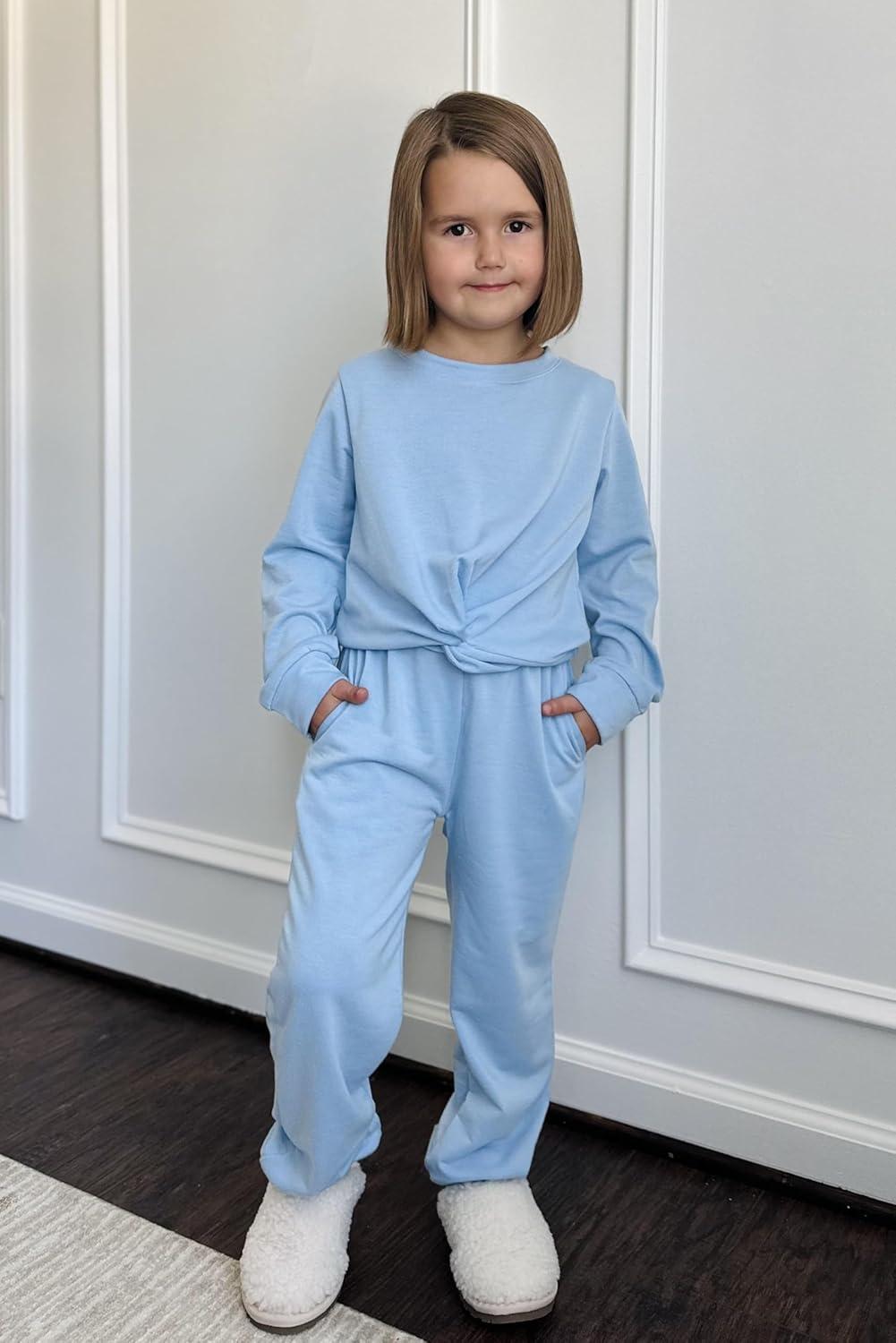 imageArshiner Girls 2 Piece Outfits Fashion Twist Front Tracksuit Long Sleeve Pullover Sweatshirt Sweatpants Jogger set SweatsuitLight Blue