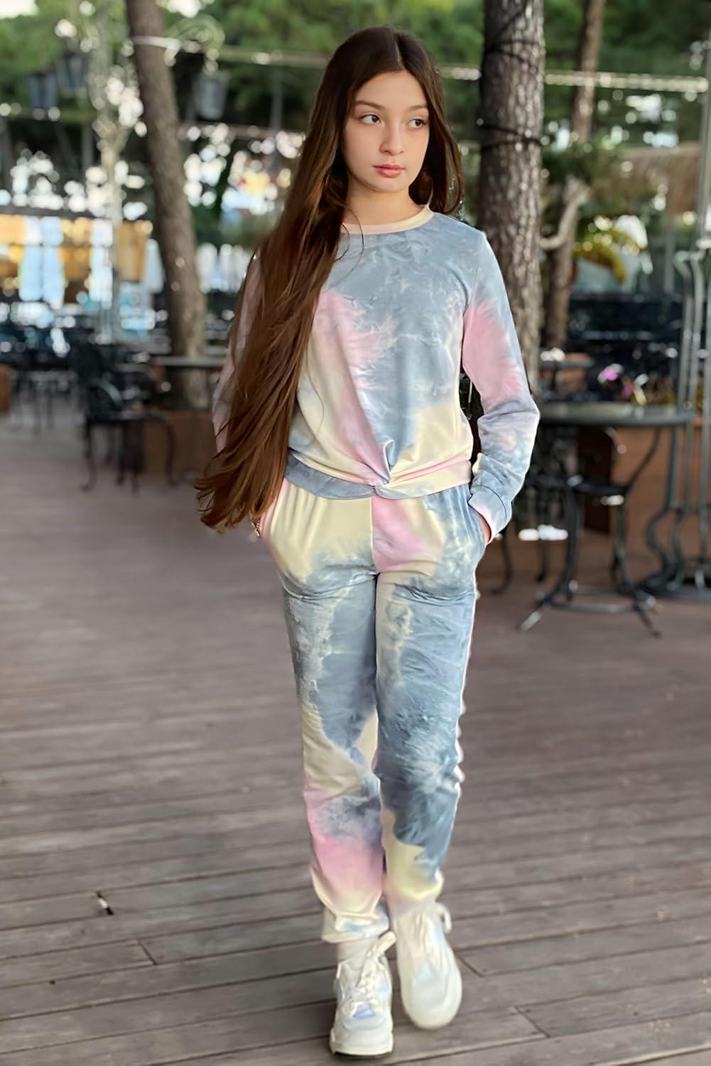 imageArshiner Girls 2 Piece Outfits Fashion Twist Front Tracksuit Long Sleeve Pullover Sweatshirt Sweatpants Jogger set SweatsuitPurple Tie Dye