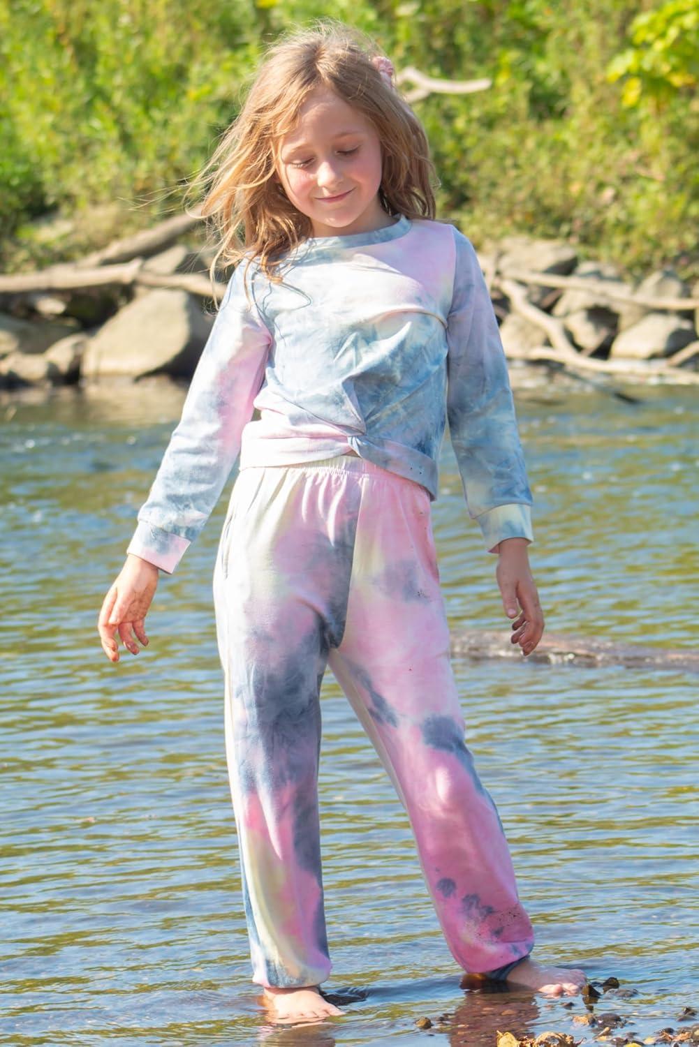 imageArshiner Girls 2 Piece Outfits Fashion Twist Front Tracksuit Long Sleeve Pullover Sweatshirt Sweatpants Jogger set SweatsuitPurple Tie Dye