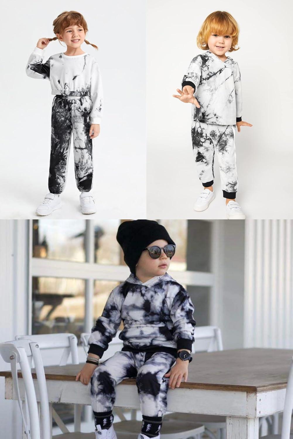 imageArshiner Girls 2 Piece Outfits Fashion Twist Front Tracksuit Long Sleeve Pullover Sweatshirt Sweatpants Jogger set SweatsuitTie Dyeblack White