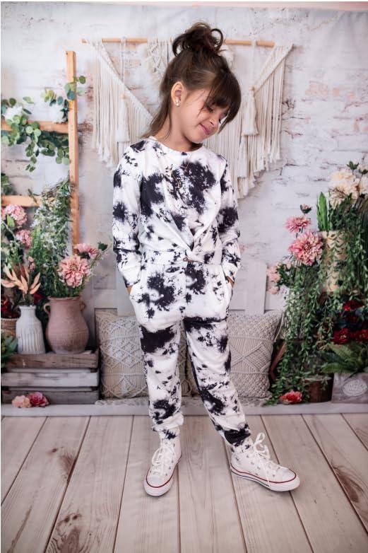 imageArshiner Girls 2 Piece Outfits Fashion Twist Front Tracksuit Long Sleeve Pullover Sweatshirt Sweatpants Jogger set SweatsuitTie Dyeblack White