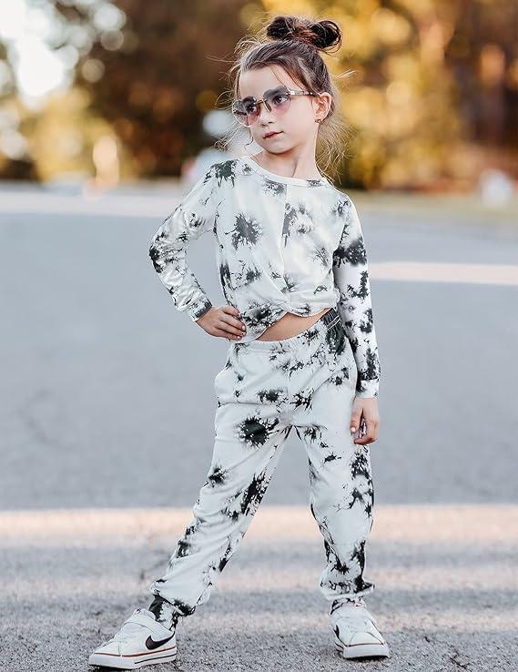 imageArshiner Girls 2 Piece Outfits Fashion Twist Front Tracksuit Long Sleeve Pullover Sweatshirt Sweatpants Jogger set SweatsuitTie Dyeblack White