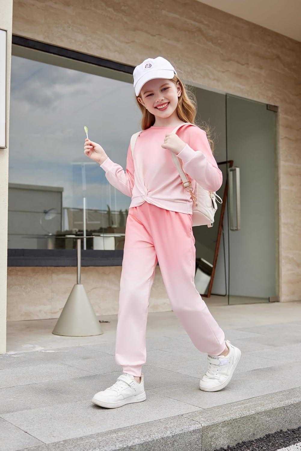imageArshiner Girls 2 Piece Outfits Fashion Twist Front Tracksuit Long Sleeve Pullover Sweatshirt Sweatpants Jogger set SweatsuitTie Dyepink White