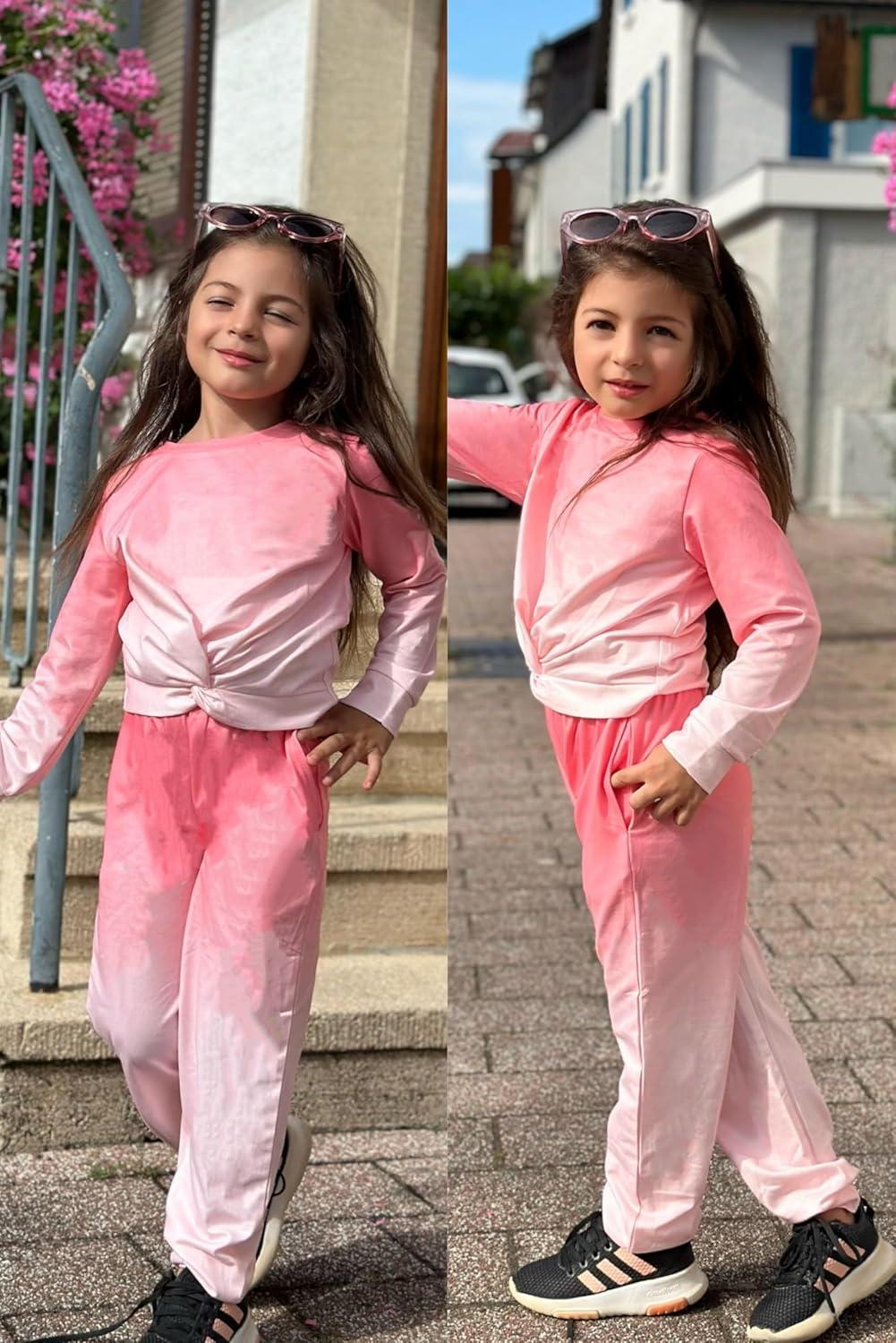 imageArshiner Girls 2 Piece Outfits Fashion Twist Front Tracksuit Long Sleeve Pullover Sweatshirt Sweatpants Jogger set SweatsuitTie Dyepink White