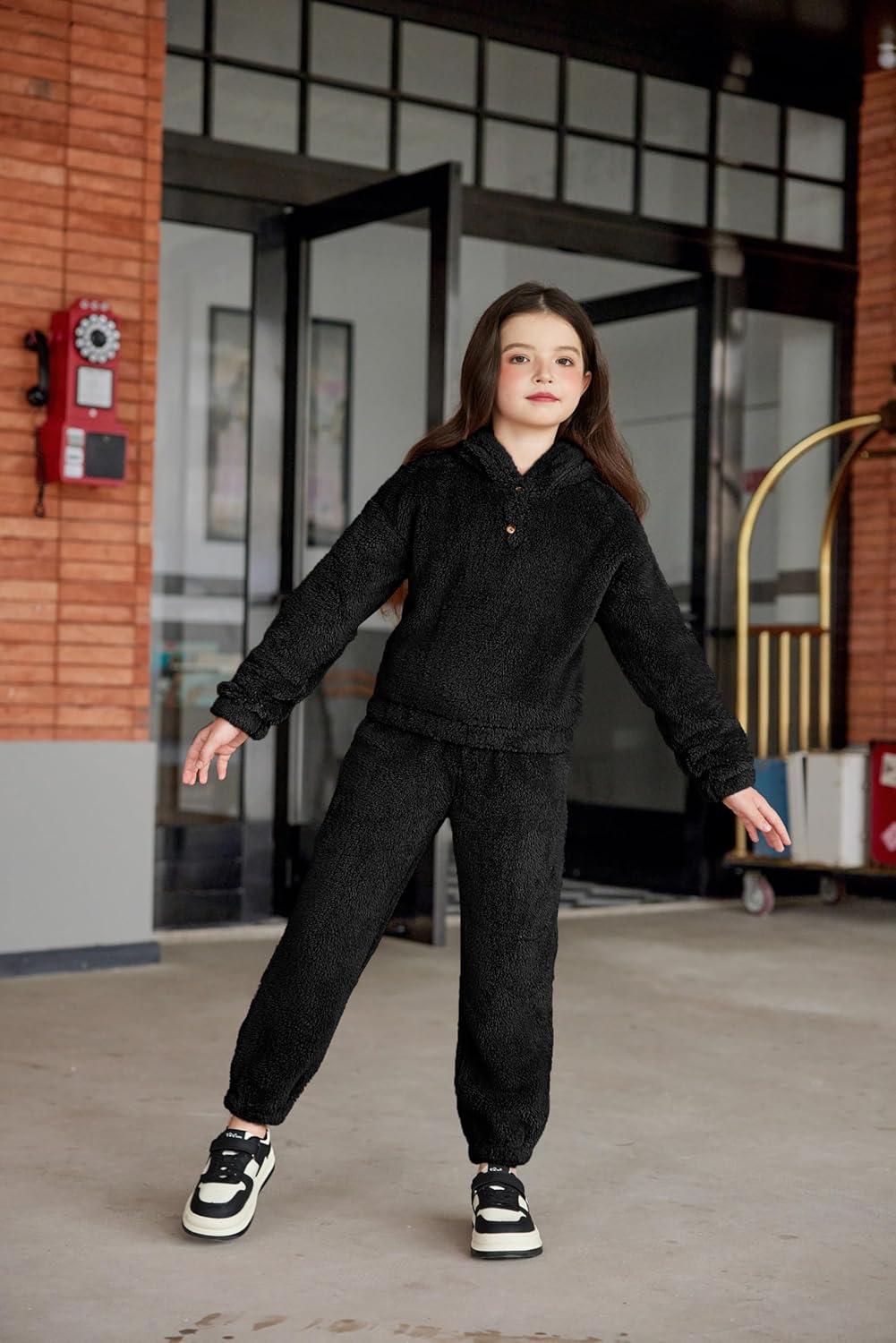 imageArshiner Girls 2 Piece Outfits Sweatsuit Fuzzy Long Sleeve Bear Ear Hoodie Sweatshirt and Sweatpant Kids Clothing SetsBlack