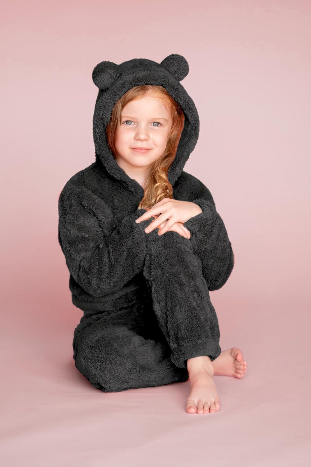 imageArshiner Girls 2 Piece Outfits Sweatsuit Fuzzy Long Sleeve Bear Ear Hoodie Sweatshirt and Sweatpant Kids Clothing SetsBlack