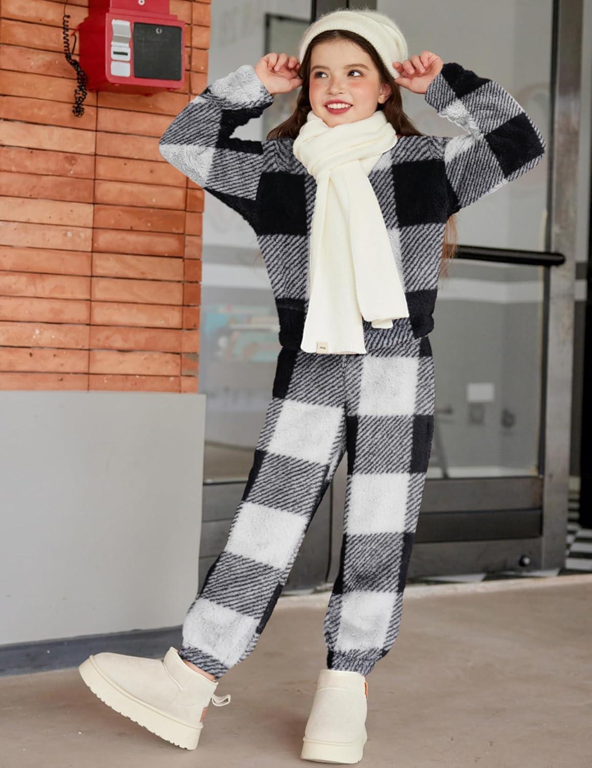 imageArshiner Girls 2 Piece Outfits Sweatsuit Fuzzy Long Sleeve Bear Ear Hoodie Sweatshirt and Sweatpant Kids Clothing SetsBlack Plaid