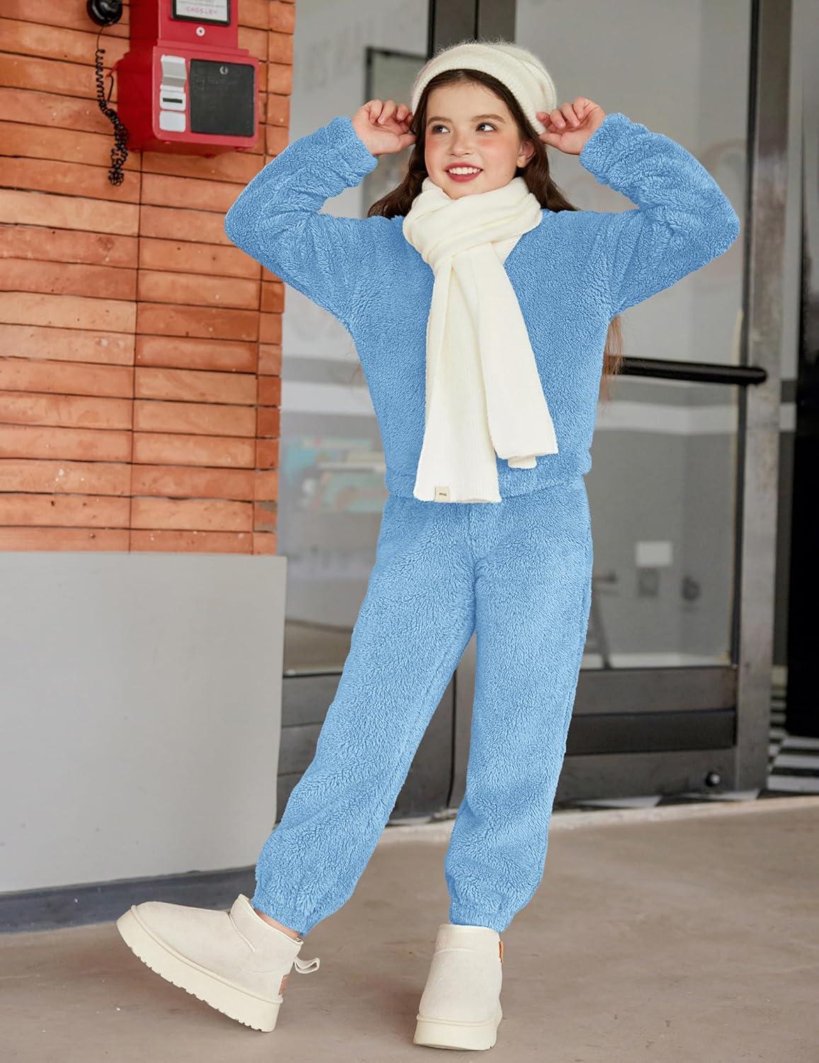 imageArshiner Girls 2 Piece Outfits Sweatsuit Fuzzy Long Sleeve Bear Ear Hoodie Sweatshirt and Sweatpant Kids Clothing SetsBlue