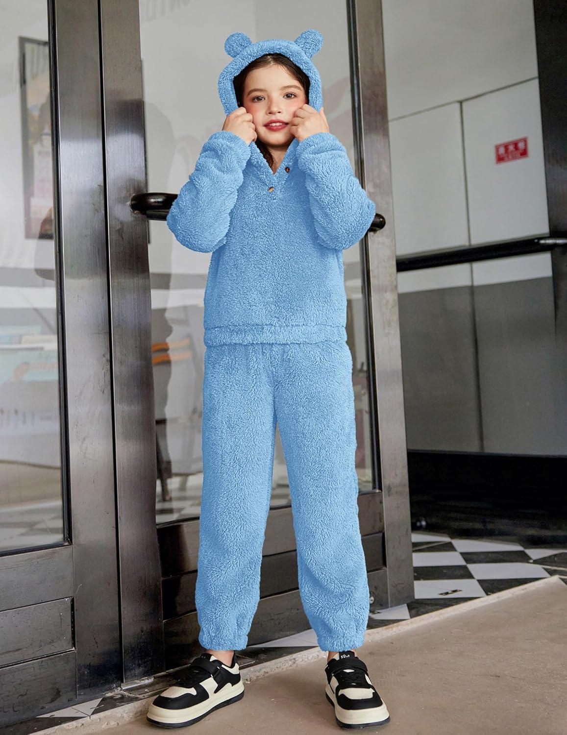 imageArshiner Girls 2 Piece Outfits Sweatsuit Fuzzy Long Sleeve Bear Ear Hoodie Sweatshirt and Sweatpant Kids Clothing SetsBlue