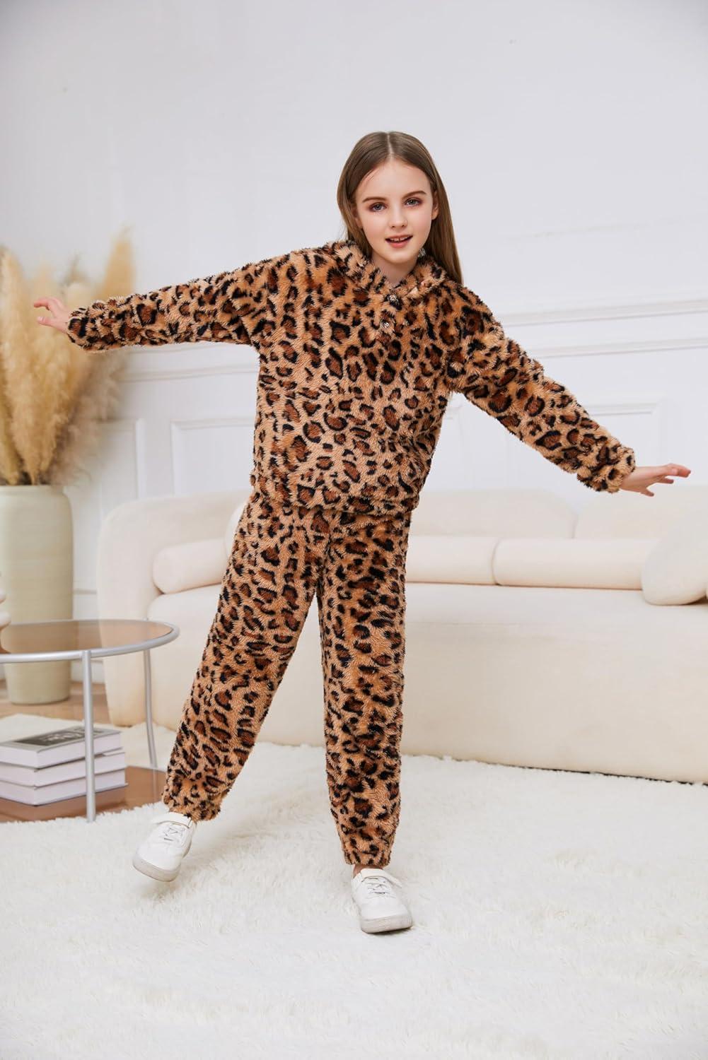 imageArshiner Girls 2 Piece Outfits Sweatsuit Fuzzy Long Sleeve Bear Ear Hoodie Sweatshirt and Sweatpant Kids Clothing SetsBrown Leopard Print