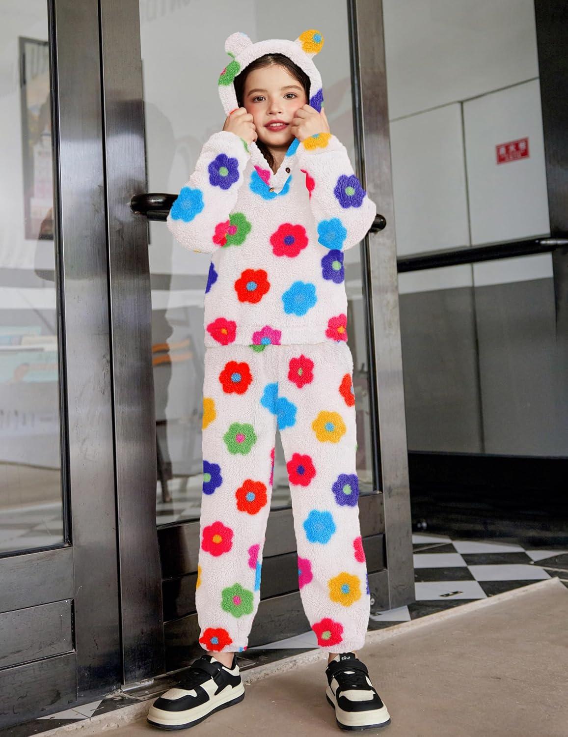 imageArshiner Girls 2 Piece Outfits Sweatsuit Fuzzy Long Sleeve Bear Ear Hoodie Sweatshirt and Sweatpant Kids Clothing SetsFlower Print