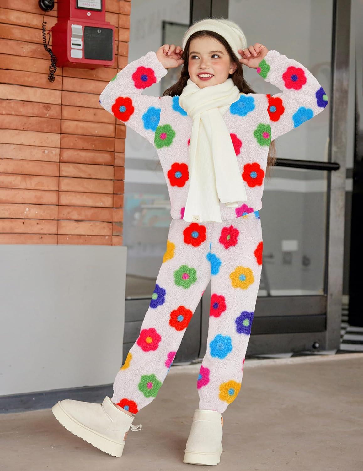 imageArshiner Girls 2 Piece Outfits Sweatsuit Fuzzy Long Sleeve Bear Ear Hoodie Sweatshirt and Sweatpant Kids Clothing SetsFlower Print