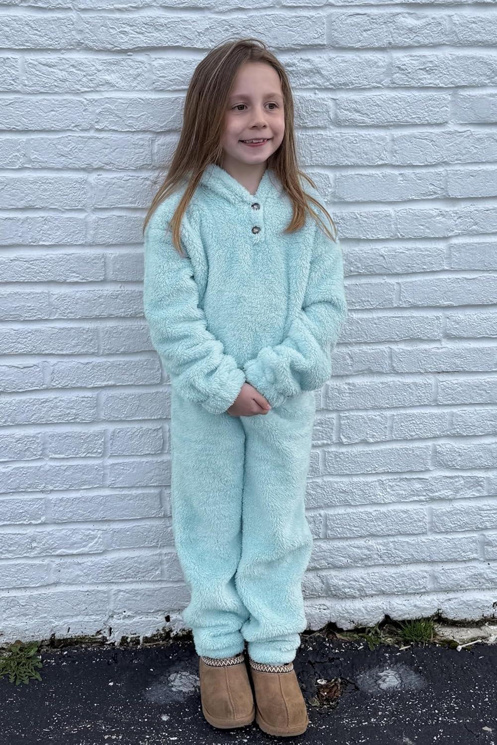 imageArshiner Girls 2 Piece Outfits Sweatsuit Fuzzy Long Sleeve Bear Ear Hoodie Sweatshirt and Sweatpant Kids Clothing SetsLight Blue