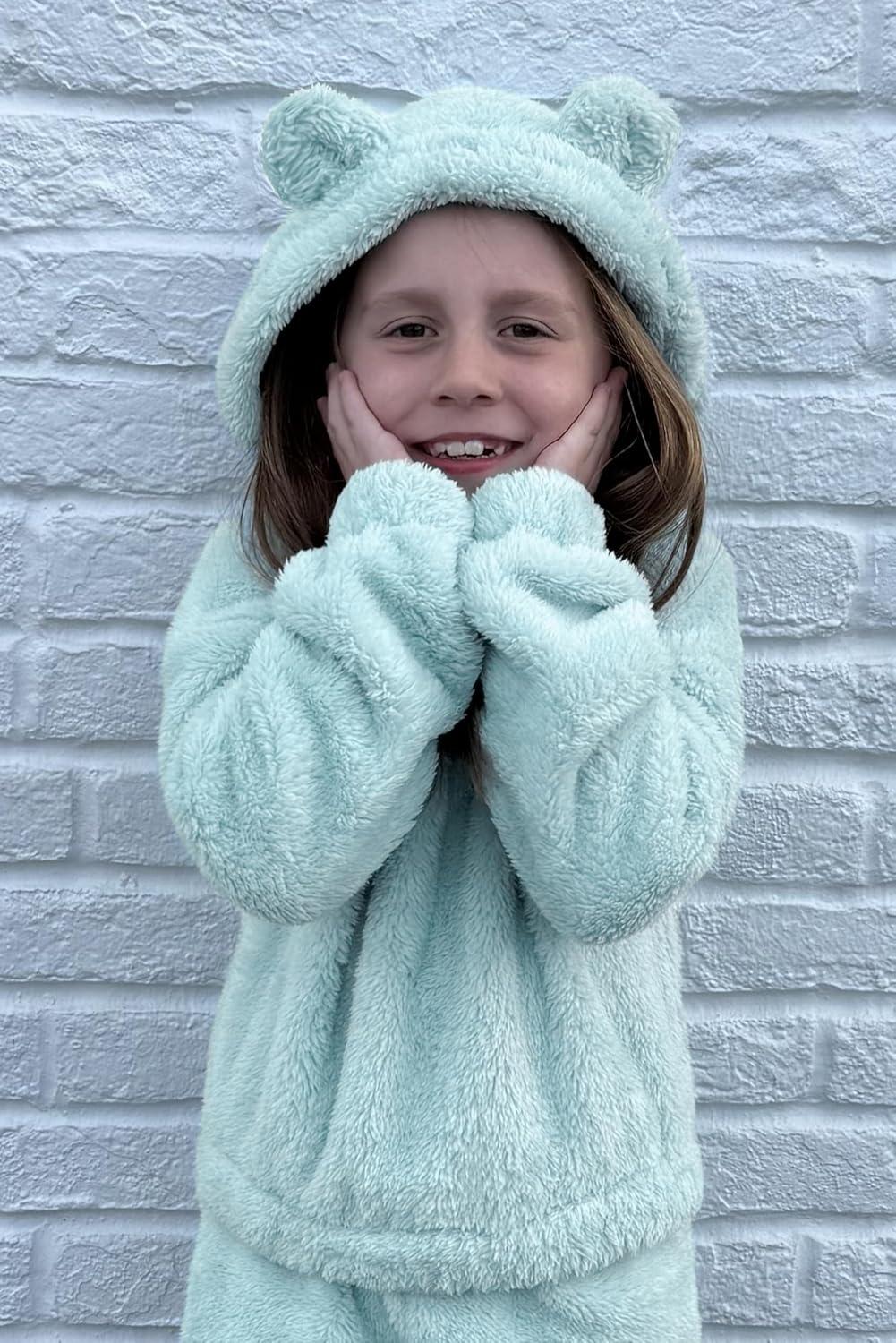 imageArshiner Girls 2 Piece Outfits Sweatsuit Fuzzy Long Sleeve Bear Ear Hoodie Sweatshirt and Sweatpant Kids Clothing SetsLight Blue