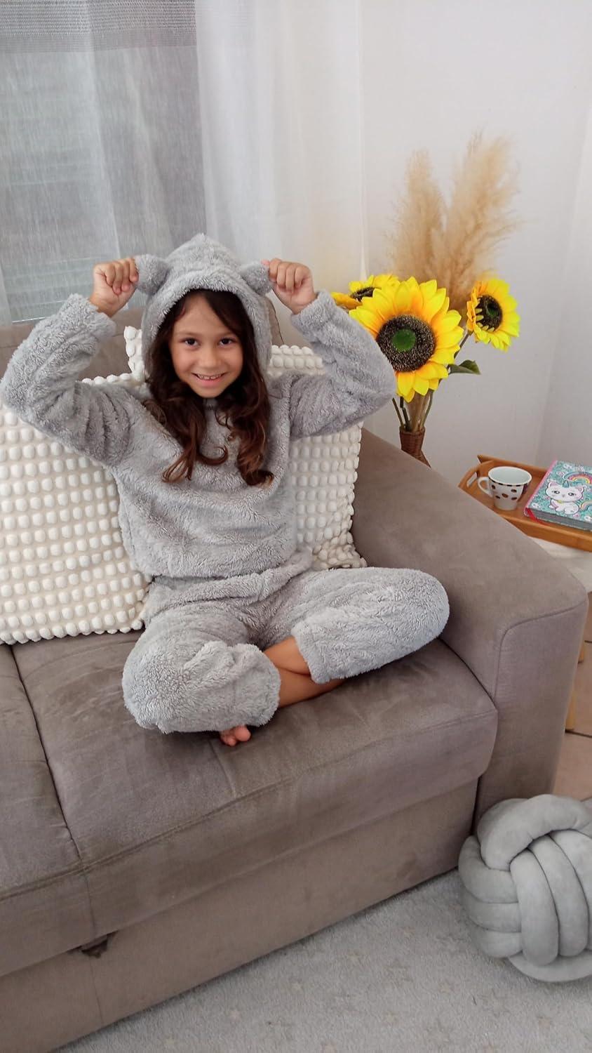 imageArshiner Girls 2 Piece Outfits Sweatsuit Fuzzy Long Sleeve Bear Ear Hoodie Sweatshirt and Sweatpant Kids Clothing SetsLight Grey