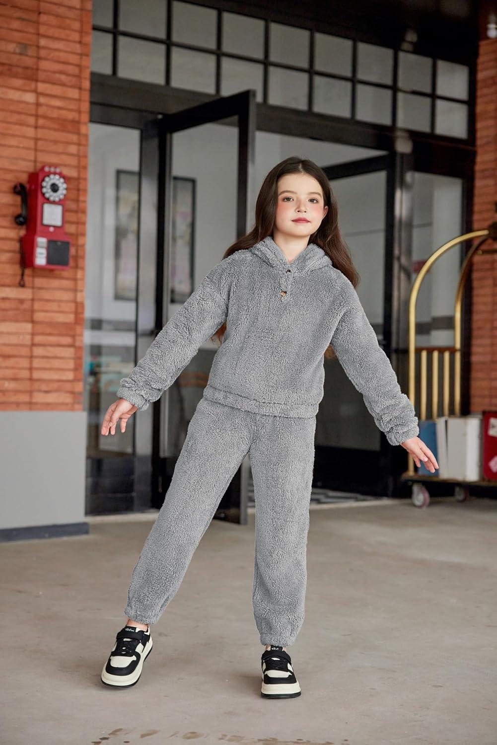 imageArshiner Girls 2 Piece Outfits Sweatsuit Fuzzy Long Sleeve Bear Ear Hoodie Sweatshirt and Sweatpant Kids Clothing SetsLight Grey