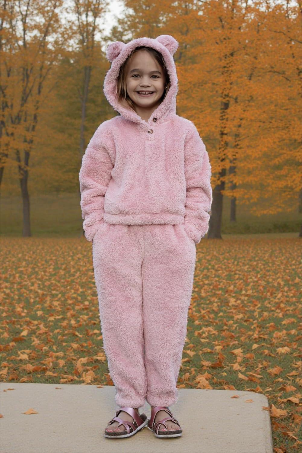 imageArshiner Girls 2 Piece Outfits Sweatsuit Fuzzy Long Sleeve Bear Ear Hoodie Sweatshirt and Sweatpant Kids Clothing SetsLight Pink