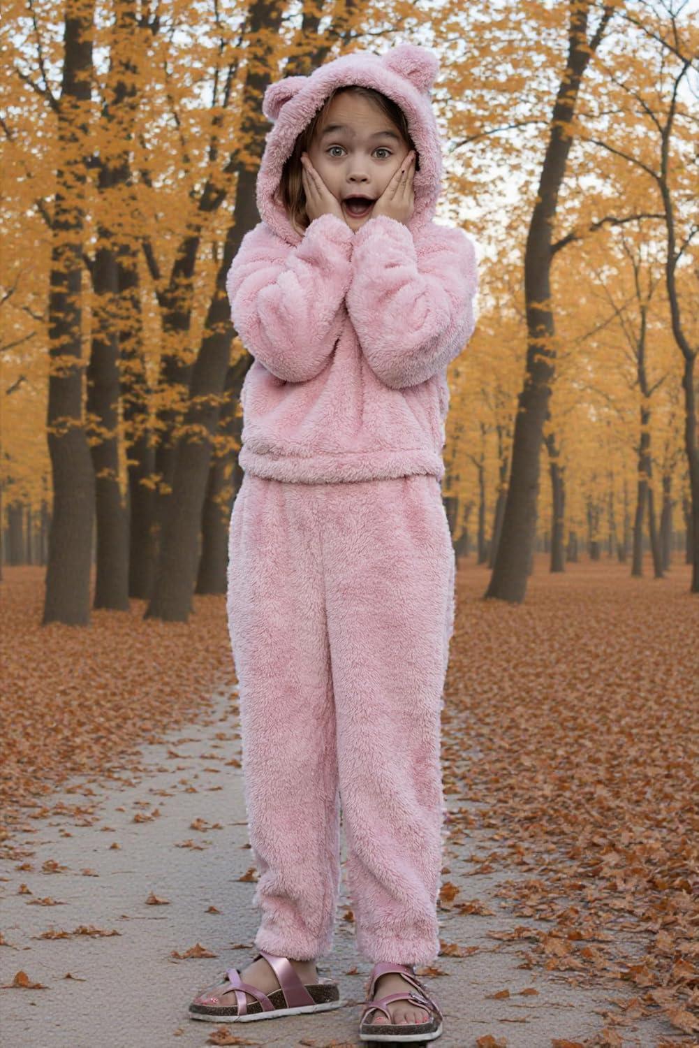 imageArshiner Girls 2 Piece Outfits Sweatsuit Fuzzy Long Sleeve Bear Ear Hoodie Sweatshirt and Sweatpant Kids Clothing SetsLight Pink