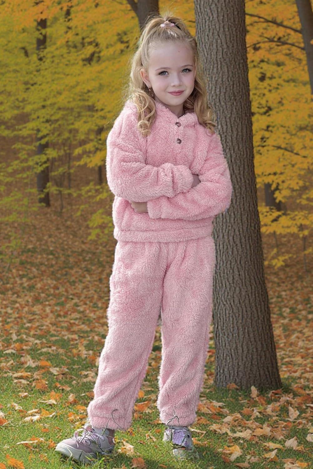 imageArshiner Girls 2 Piece Outfits Sweatsuit Fuzzy Long Sleeve Bear Ear Hoodie Sweatshirt and Sweatpant Kids Clothing SetsLight Pink