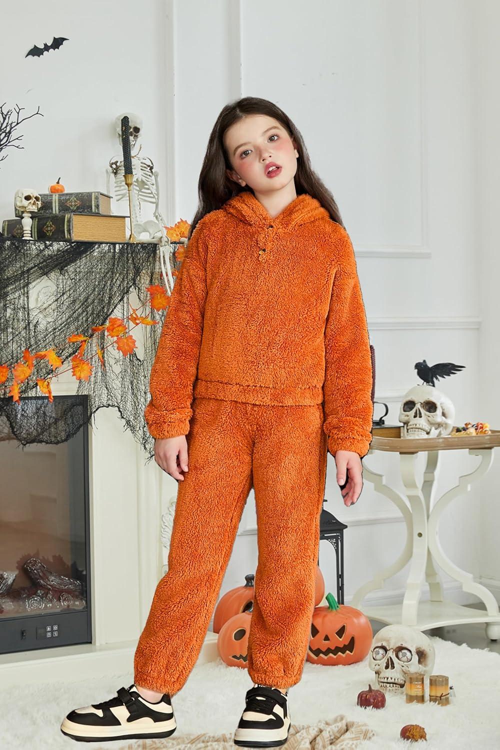 imageArshiner Girls 2 Piece Outfits Sweatsuit Fuzzy Long Sleeve Bear Ear Hoodie Sweatshirt and Sweatpant Kids Clothing SetsOrange