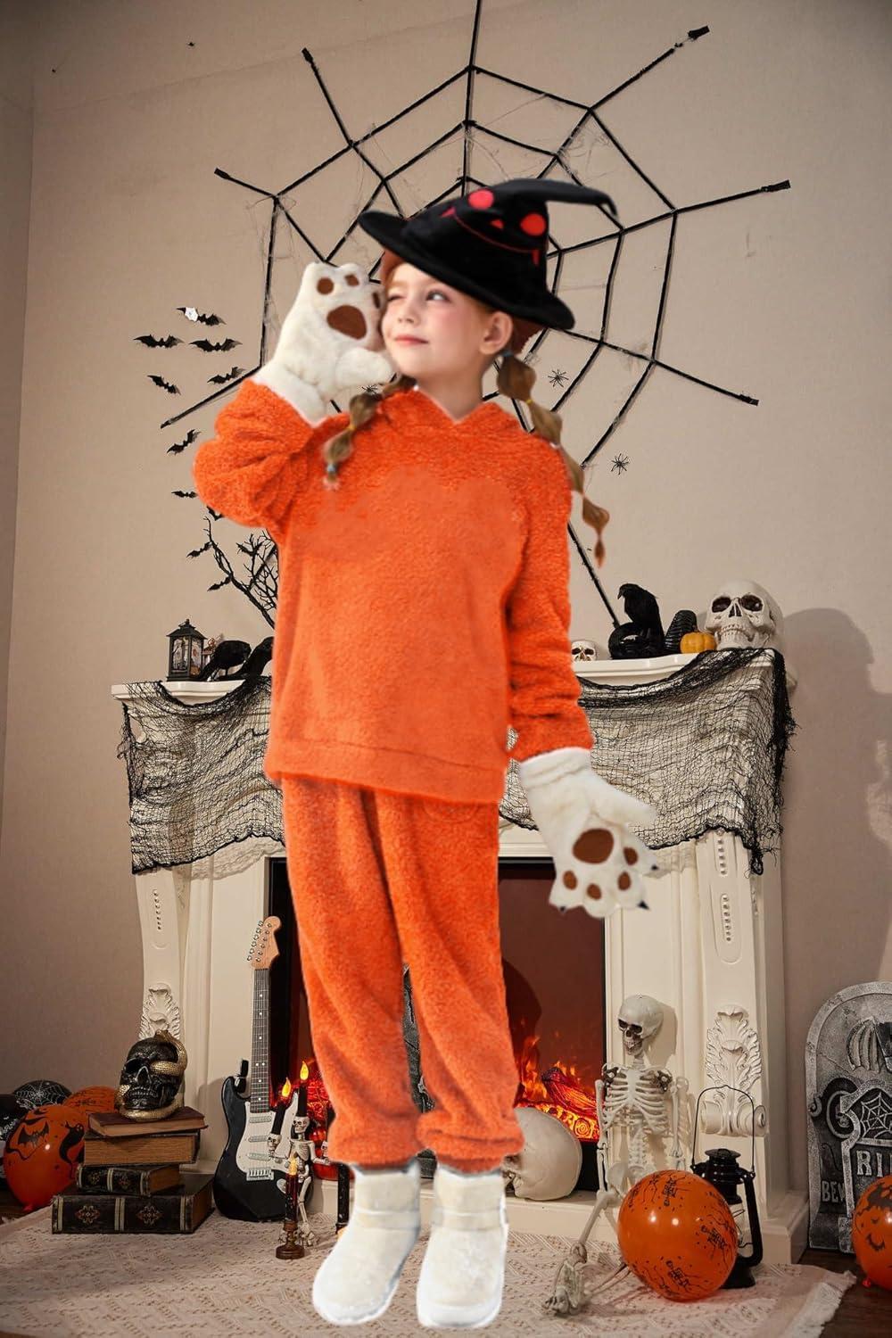 imageArshiner Girls 2 Piece Outfits Sweatsuit Fuzzy Long Sleeve Bear Ear Hoodie Sweatshirt and Sweatpant Kids Clothing SetsOrange