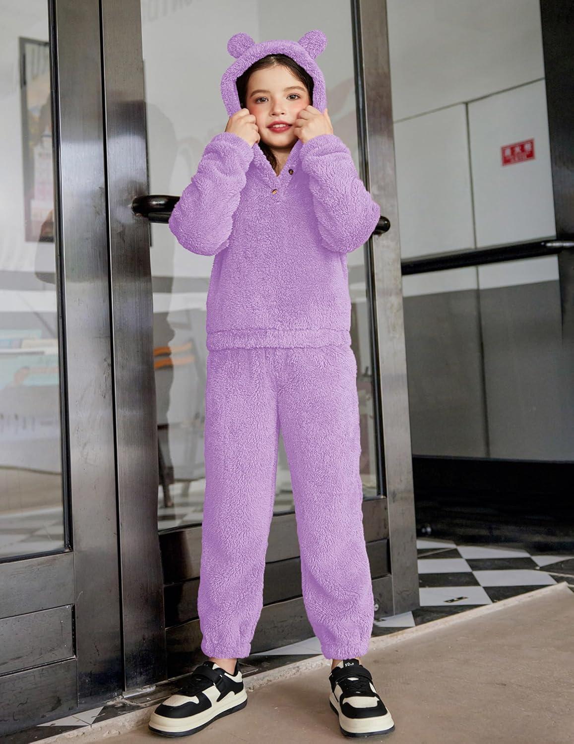 imageArshiner Girls 2 Piece Outfits Sweatsuit Fuzzy Long Sleeve Bear Ear Hoodie Sweatshirt and Sweatpant Kids Clothing SetsPurple
