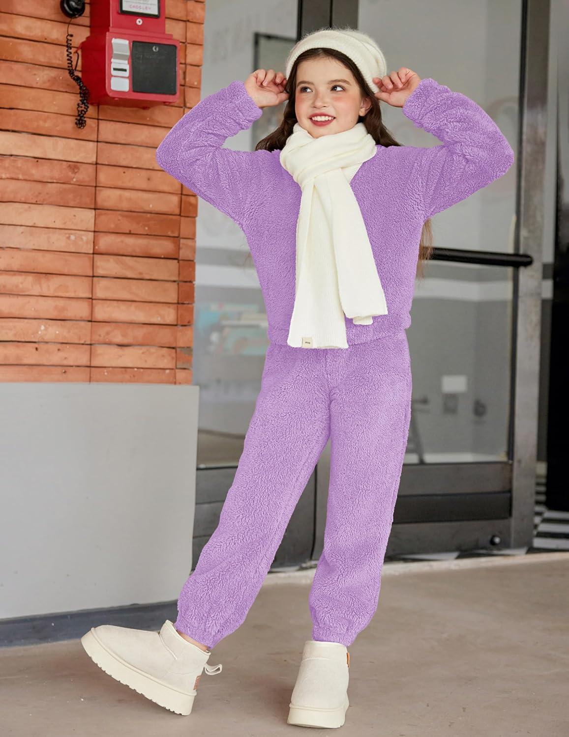 imageArshiner Girls 2 Piece Outfits Sweatsuit Fuzzy Long Sleeve Bear Ear Hoodie Sweatshirt and Sweatpant Kids Clothing SetsPurple