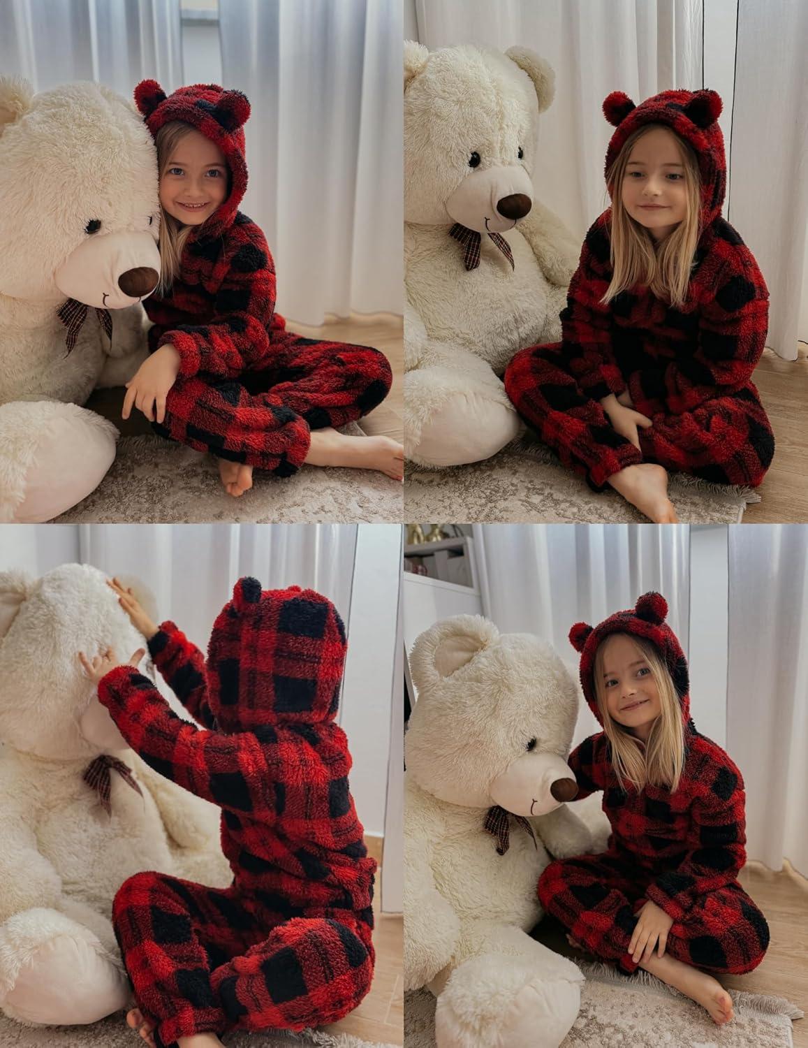 imageArshiner Girls 2 Piece Outfits Sweatsuit Fuzzy Long Sleeve Bear Ear Hoodie Sweatshirt and Sweatpant Kids Clothing SetsRed Plaid